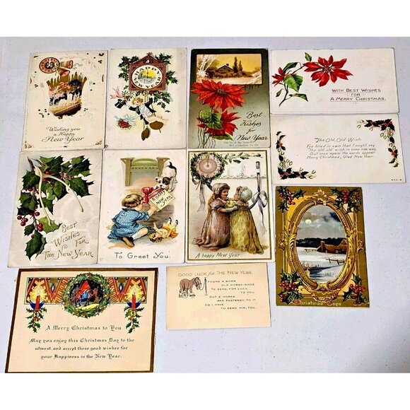 Other - Antique Christmas New Years Postcard Lot/14 ephemera 1910s Embossed bells floral